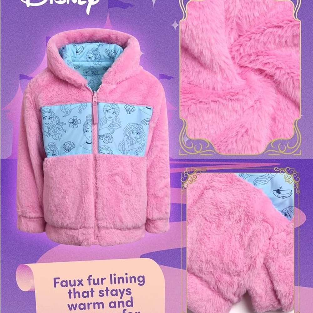 ❤️Disney Girls Puffer/Faux Fur Hooded Reversible Jacket Size 4 (NWT) - Picture 16 of 16